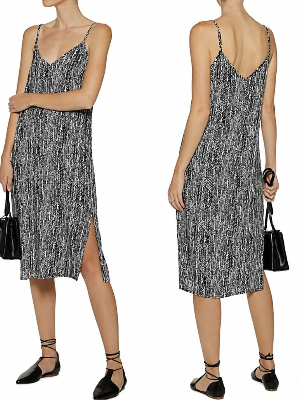 Splendid Revolve Midi Slip Dress in Black & White Boho Print w/ Side Slits Small